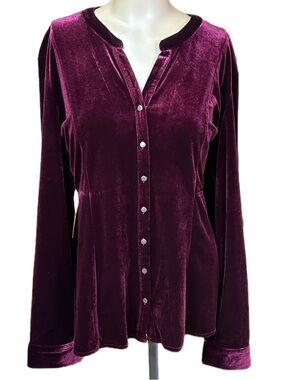 Amanda Blu XL Plum Velvet Button Up Blouse High Low Hem Long Sleeve